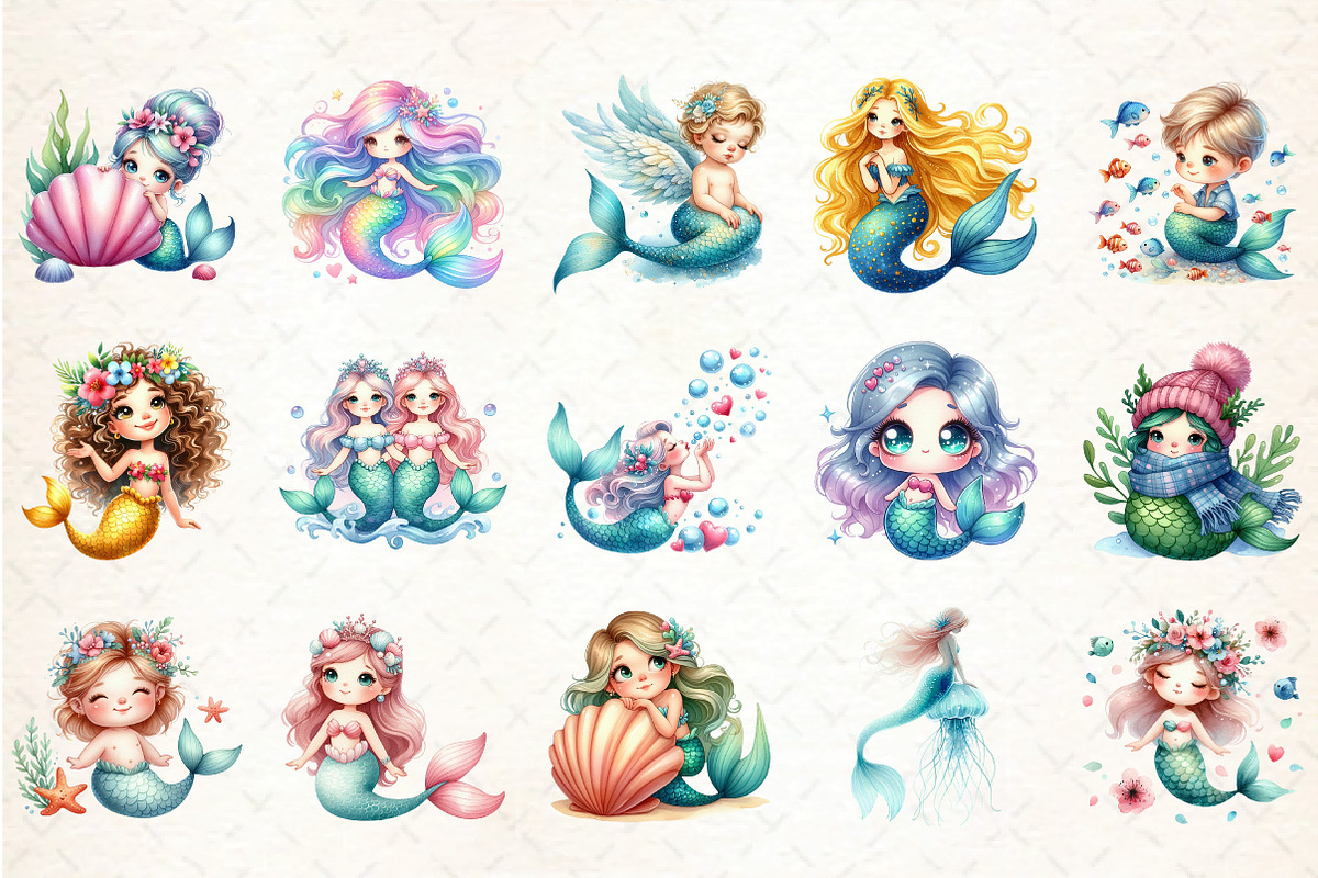 Cute Mermaid Clipart, an Illustration by DreamCafeArt (Photo 3 of 5)