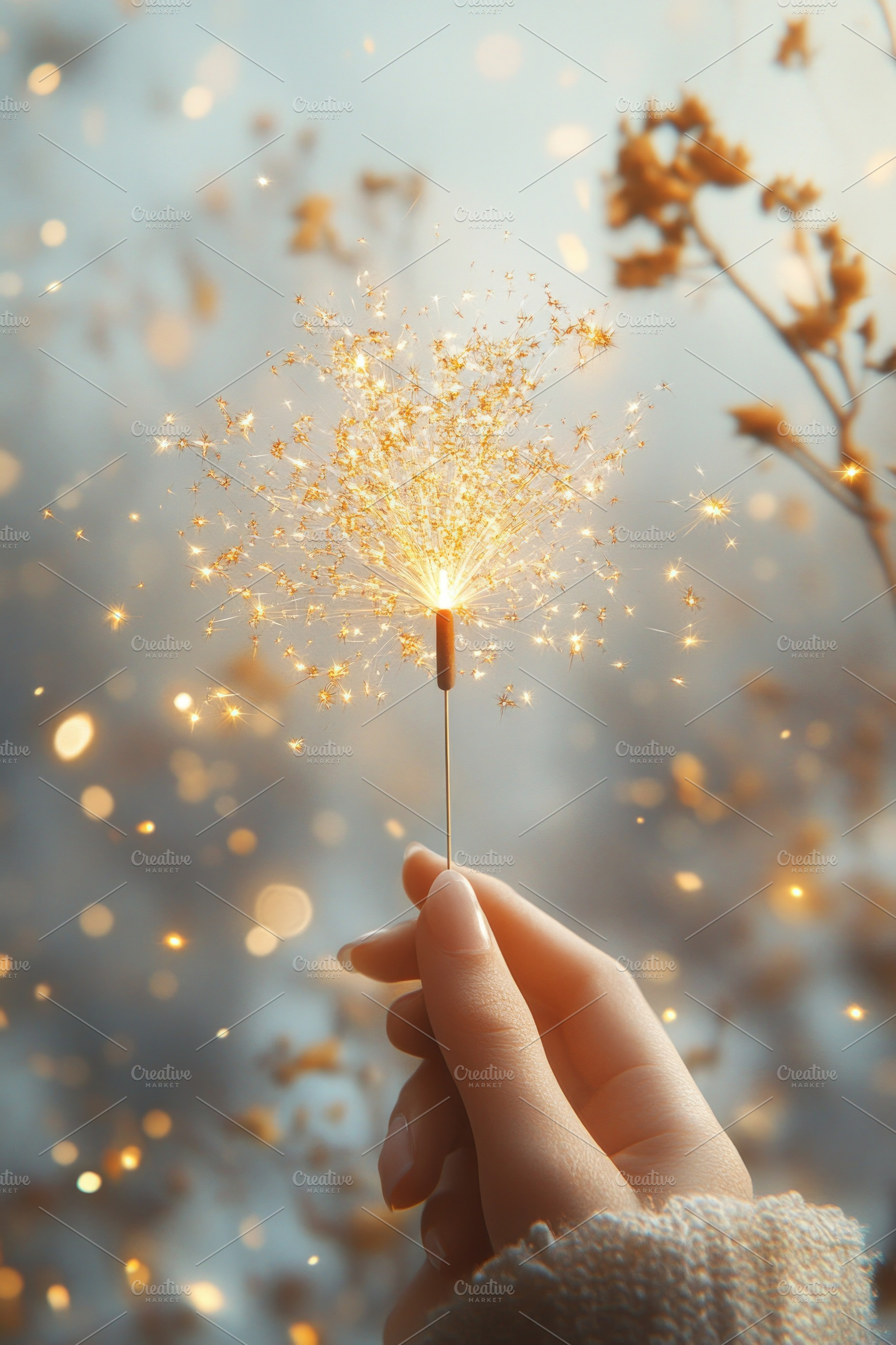 Delicate hand holding a sparkler, surrounded by dreamy bokeh and soft autumn co, a Background Photo by ImageMir