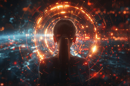 Woman facing futuristic digital interface with glowing circular graphics, a Photo by AS photostudio