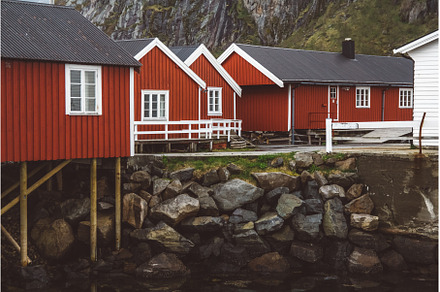 Norway rorbu houses and mountains