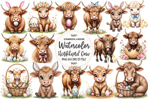 Easter Highland Cow Clipart, an Illustration by OK Design
