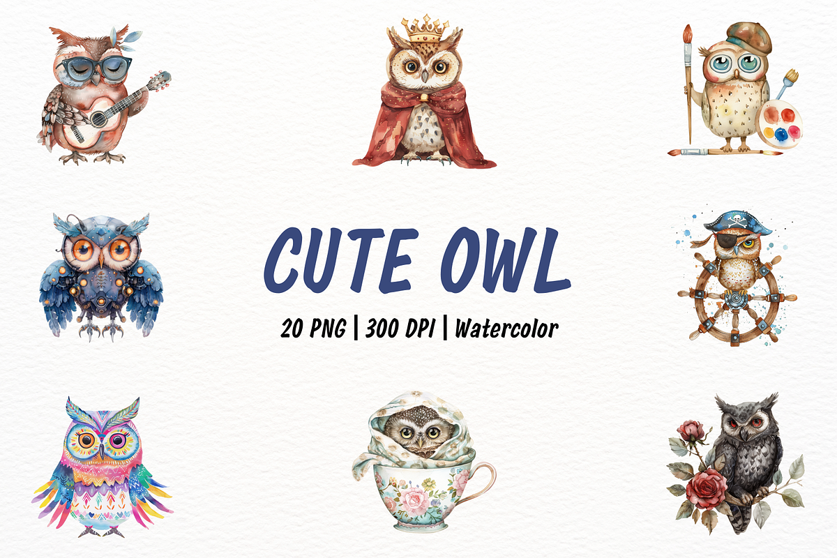 Watercolor Owl Clipart, an Animal Illustration by New-School-Wave (Photo 1 of 5)