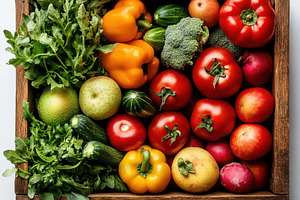 Wooden box with fresh vegetables and, a Food & Drink Photo by Pixeness Studio
