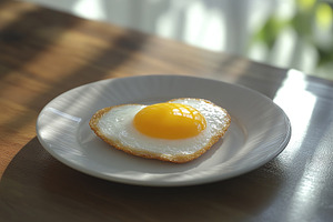 Heart-shaped fried egg on a ceramic plate illuminated by soft sunlight indoors, a Food & Drink Photo by AlyaAnd