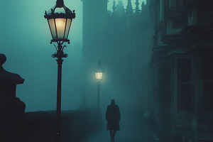 A lone figure walks down a foggy, an Architecture Photo by MistyDay