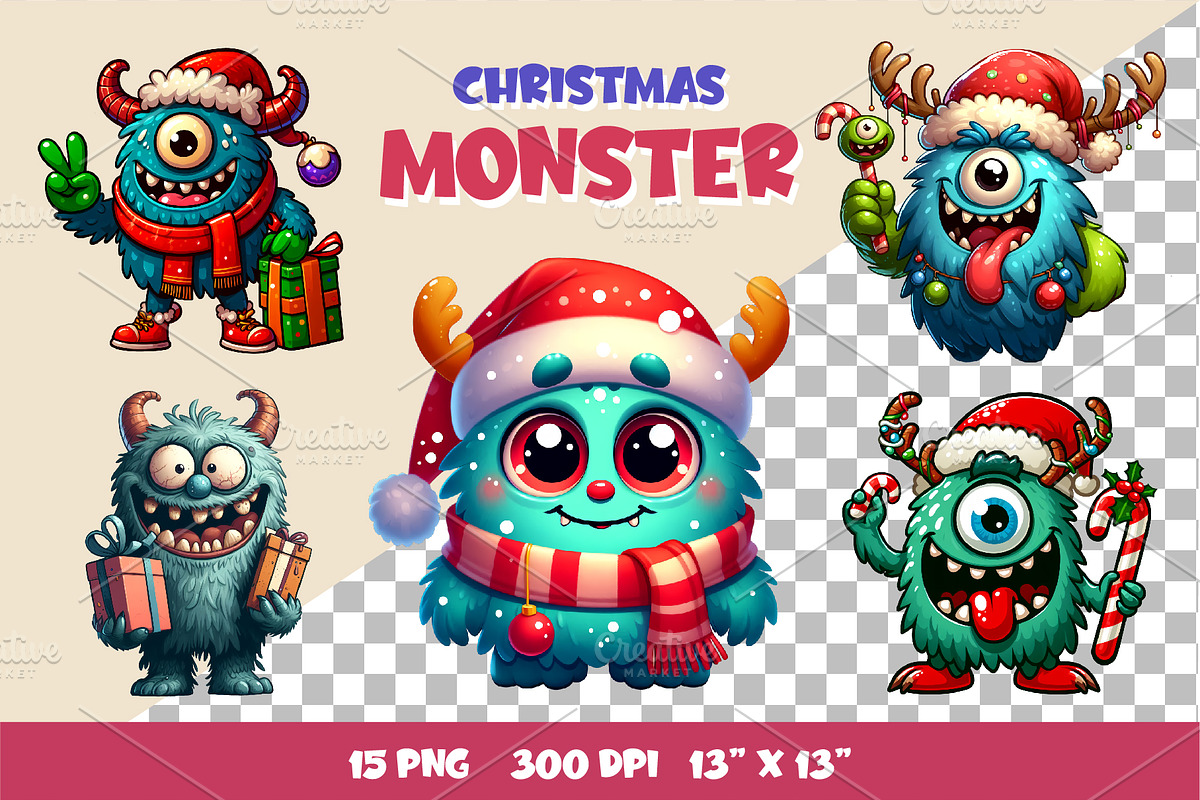 Christmas Monsters. Tshirt, PNG., an Animal Illustration by KENO Mascots (Photo 2 of 8)