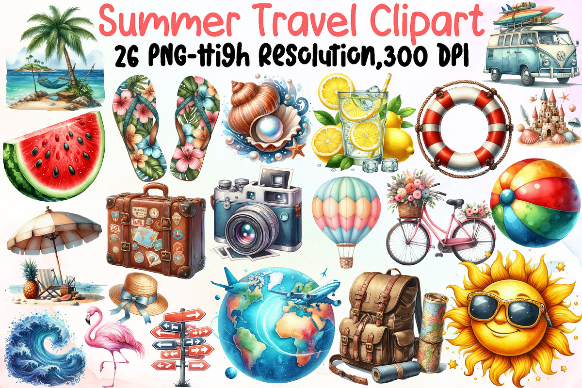 Watercolor Summer Travel Clipart, an Illustration by Sublimation Artist (Photo 1 of 6)
