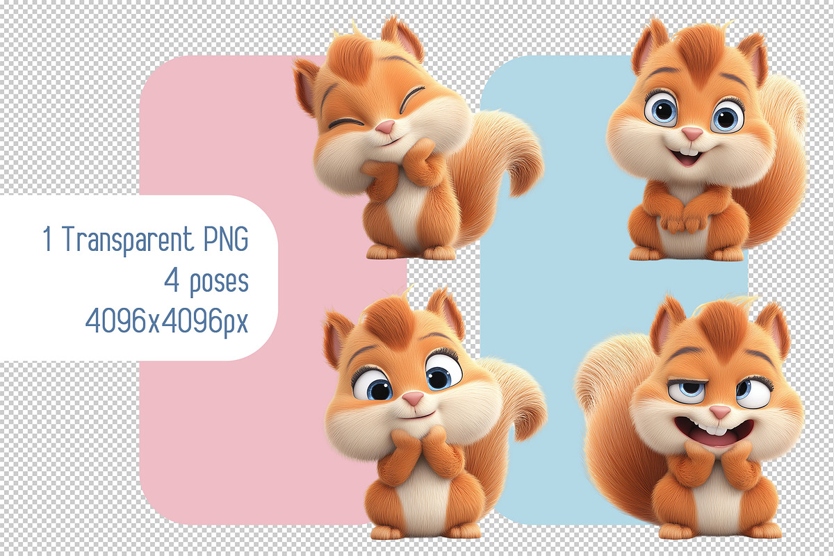 Set of 3d Cartoon Squirrels PNG, an Animal Illustration by Ocean Digital Art