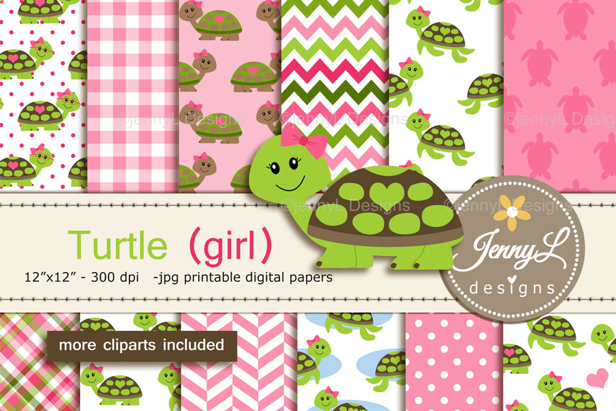 Turtle Girl Digital Paper & clipart, a Pattern Graphic by JennyL Designs (Photo 1 of 6)