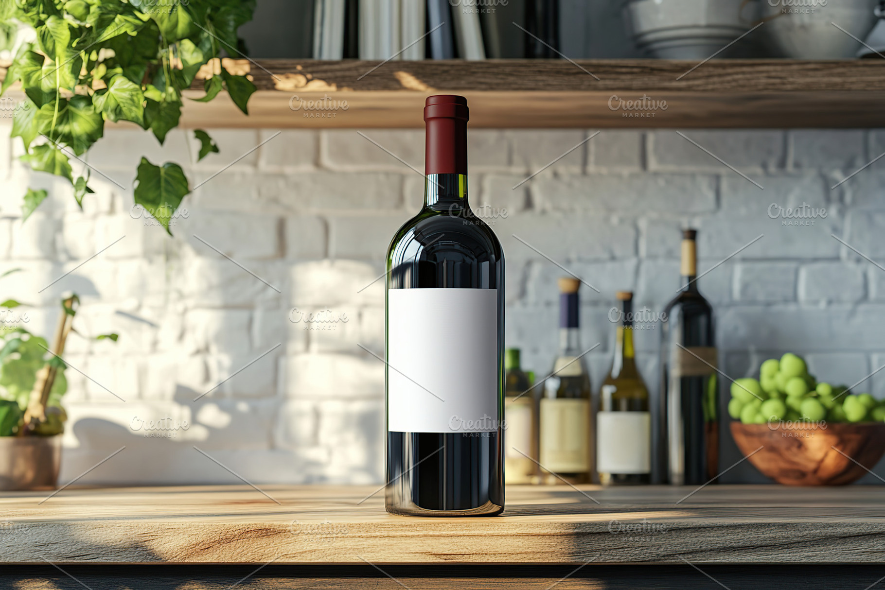 Wine bottle with blank label showcased on a wooden countertop in, a Food & Drink Photo by AlyaAnd