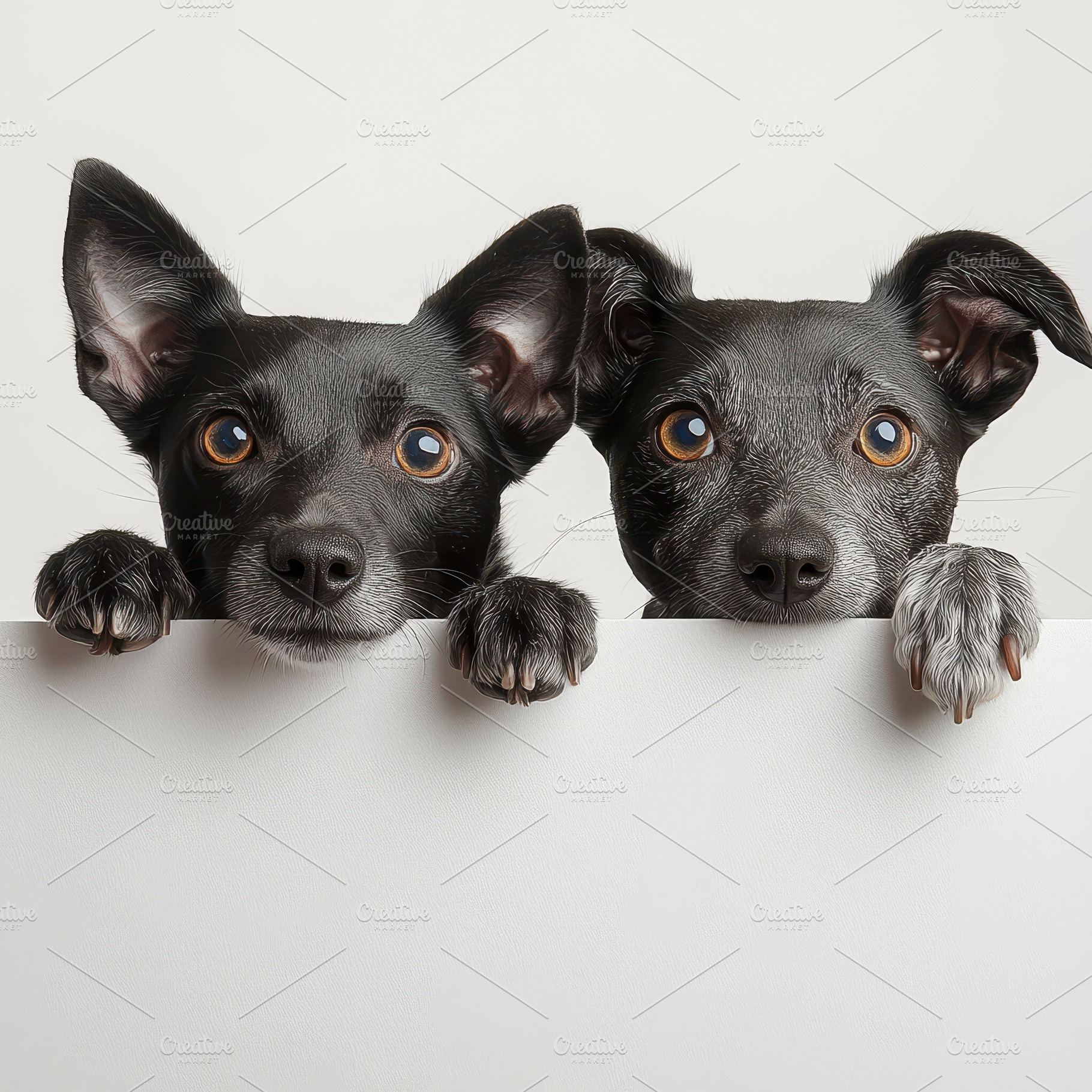 Two black dogs peeking over a white, an Animal Photo by Pixeness Studio