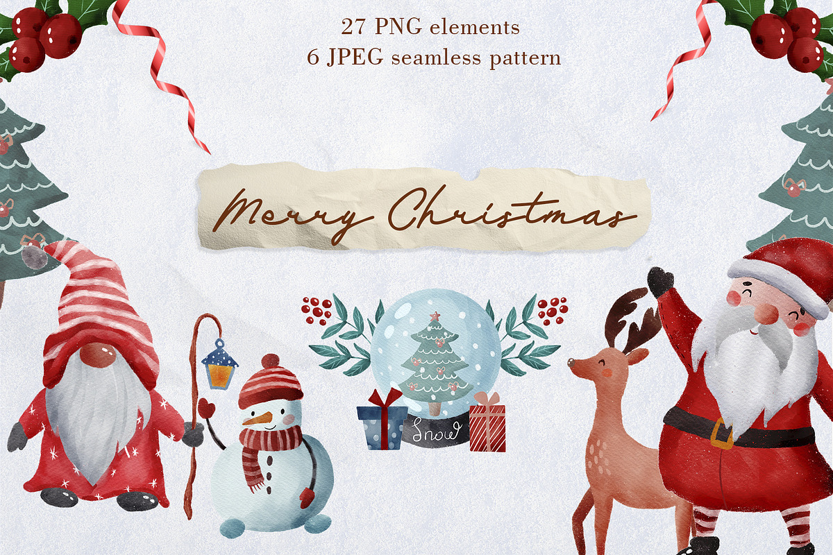 Merry Christmas clipart & pattern, an Illustration by SleptArt (Photo 1 of 4)