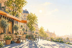 Sunny afternoon street with outdoor, a Photo by Dvoevnore photos