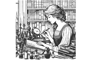woman writing in study with books, a Person Illustration by AlexArt