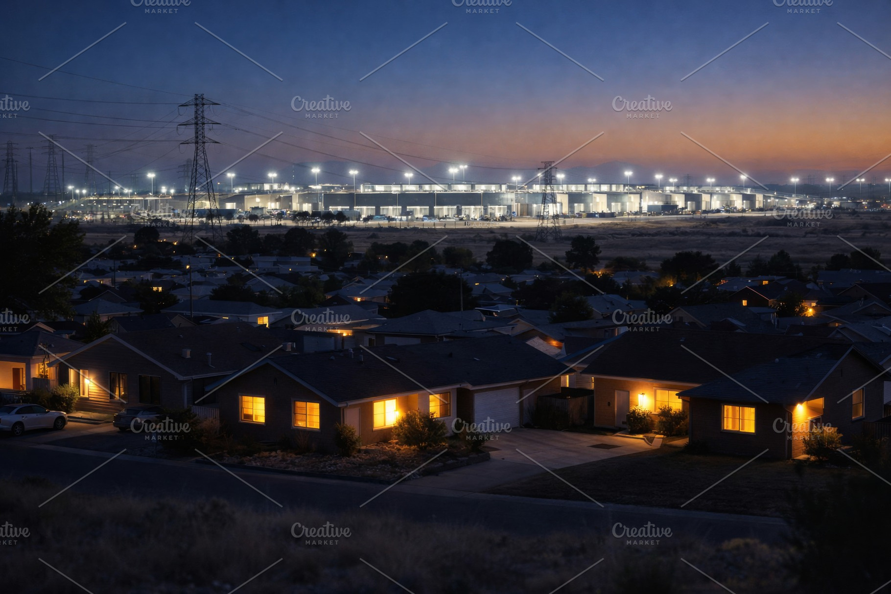 Dusk view of illuminated AI data center behind residential neigh, a Photo by Dvoevnore photos