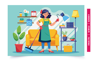 A woman in an apron stands in her li, an Illustration by Tanuart