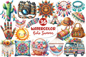 Watercolor Boho Summer Clipart PNG, an Illustration by Dream Creation