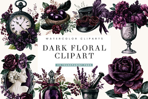 Dark Floral Watercolor Clipart