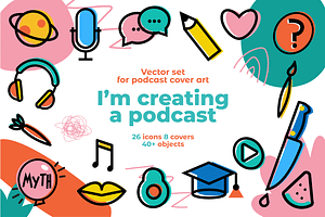 Podcast cover icons set