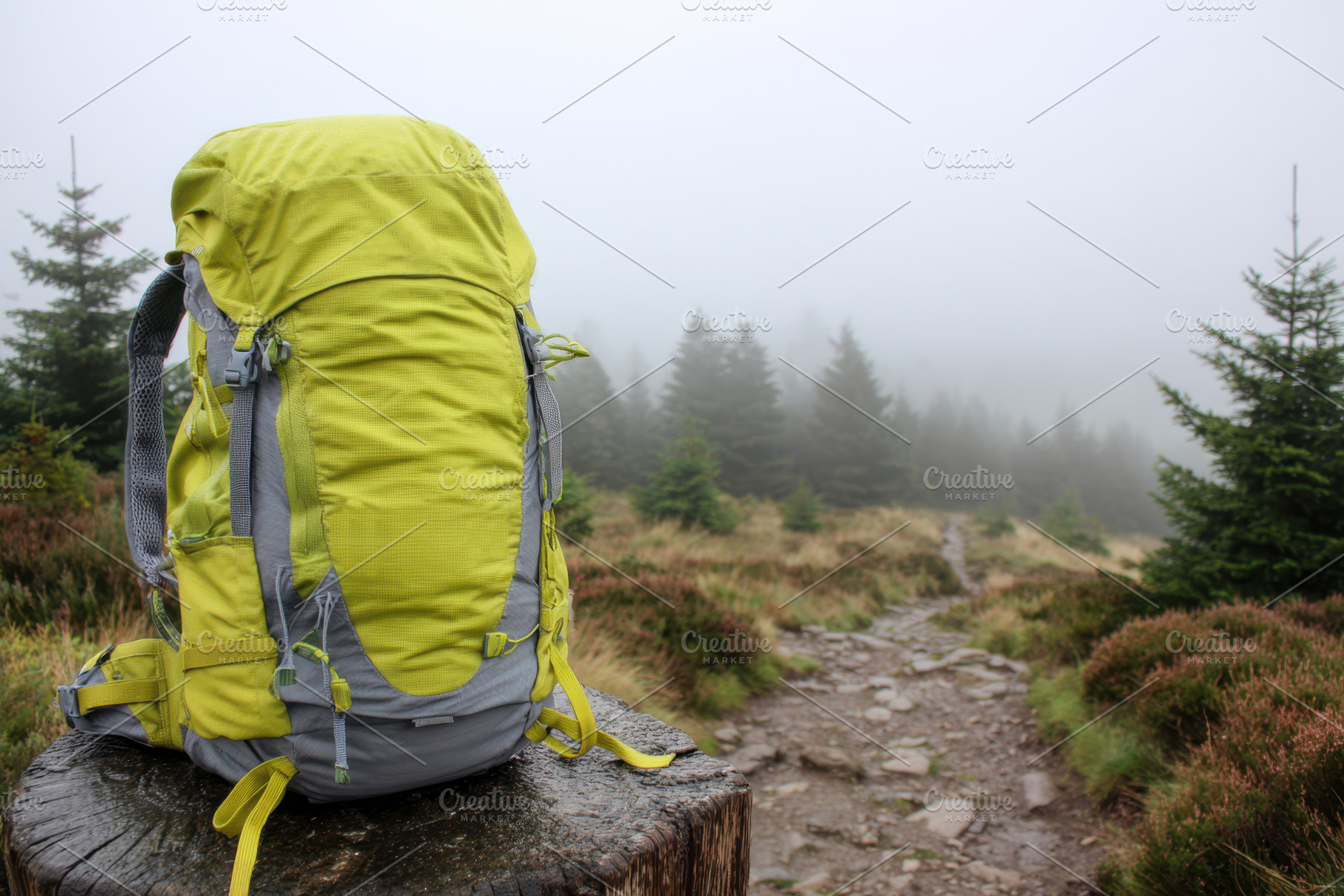 Bright green hiking backpack in misty forest, a Sports & Recreation Photo by AlyaAnd