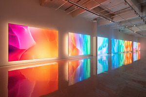 Futuristic hallway with digital art displays, an Abstract Photo by AlyaAnd