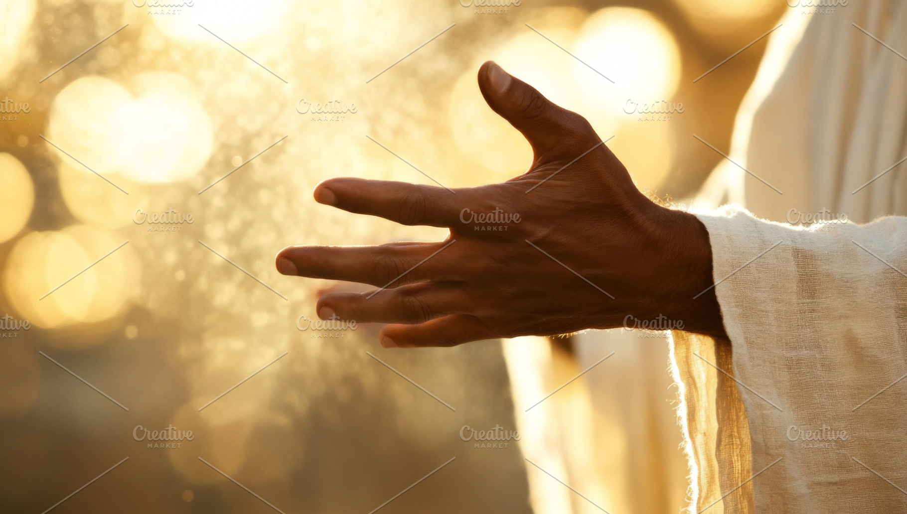 Hand of Jesus reaching out with light in spiritual scene, religi, a Photo by Dvoevnore photos