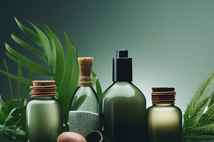 Natural skincare cosmetics bottles background, a Photo by Dvoevnore photos