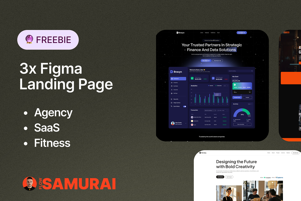 3x Free Figma Landing Page Designs, a Landing Page Template by Flow Samurai Templates (Photo 1 of 5)