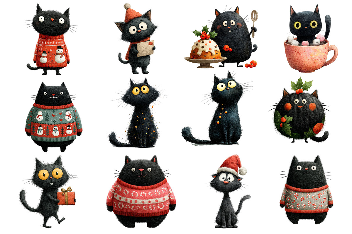 Quirky Christmas Black Cat Clipart, an Illustration by Dream Creation (Photo 5 of 6)