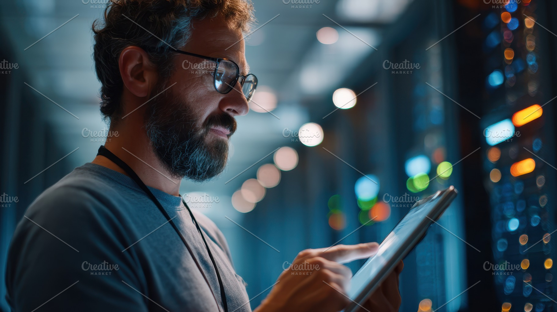 Man using tablet in server room, a Business Photo by AlyaAnd