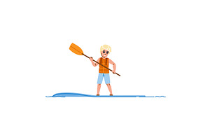 Blond boy paddle boarding in the sea, a Sport Illustration by pikepicture