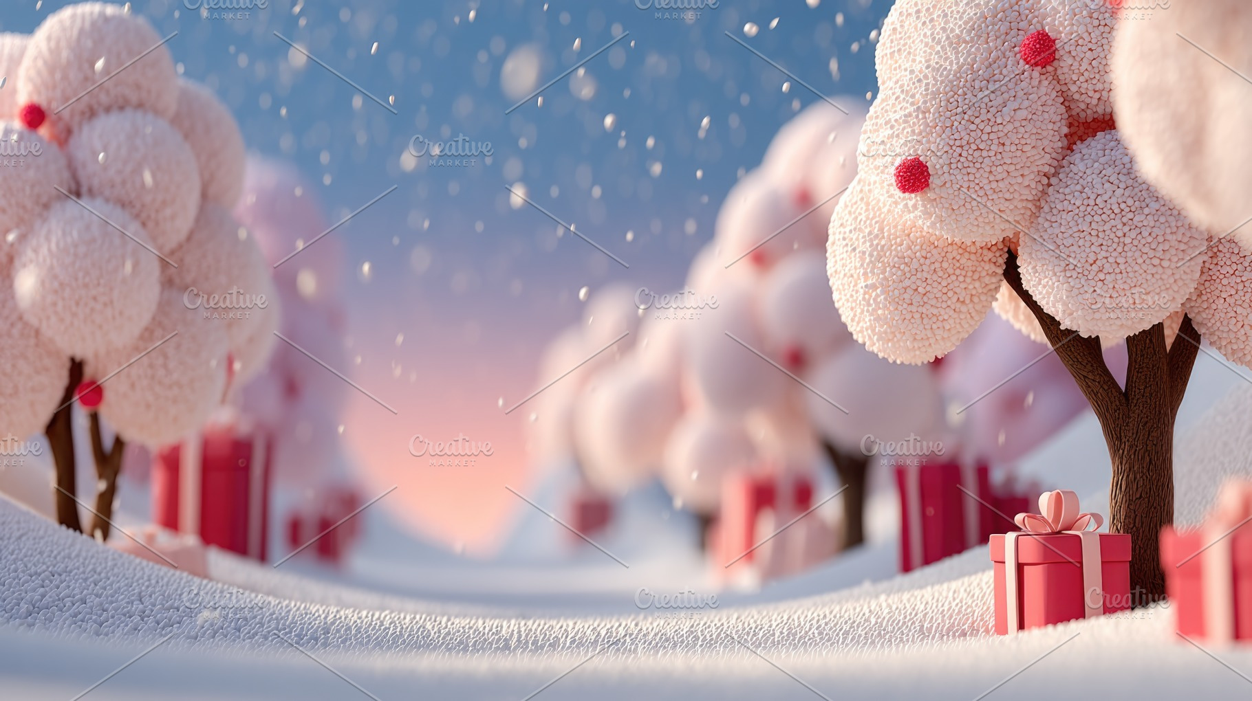 Pastel Christmas Winter Wonderland with Pink Snow Trees, Gifts a, a Background Photo by José Manuel Gelpi