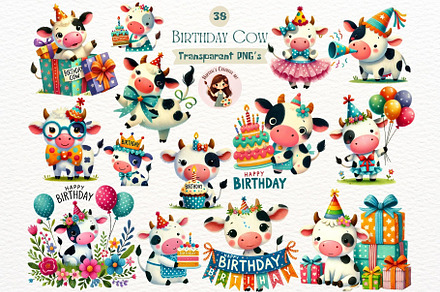 Farm Cow Birthday Watercolor Clipart