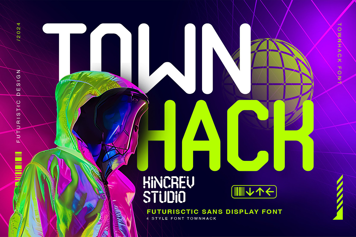 Town Hack - Futuristic Display Font, a Sans Serif Font by Kincrev Studio (Photo 1 of 10)