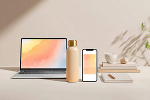 Creating a calming workspace with ambient lighting and hydration setup, a Technology Photo by AlyaAnd