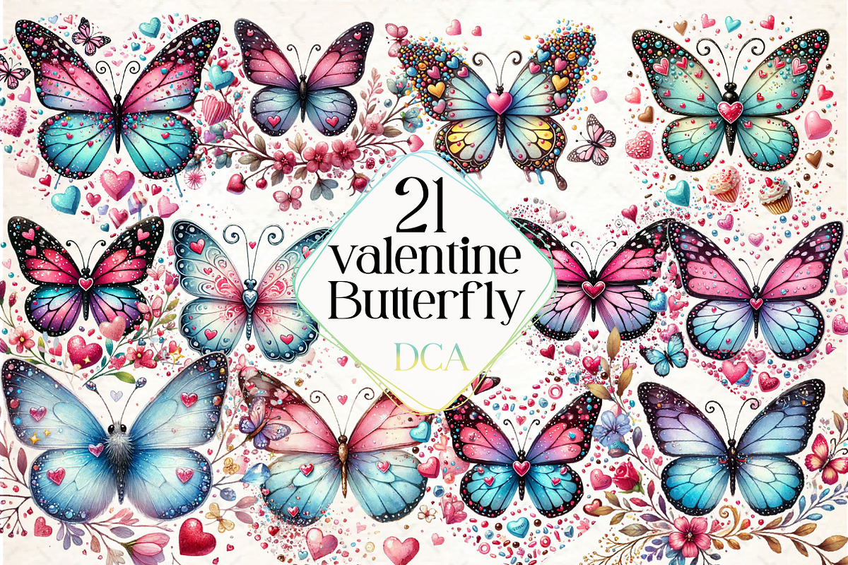 Valentine Butterfly Clipart Bundle, an Illustration by DreamCafeArt (Photo 1 of 4)