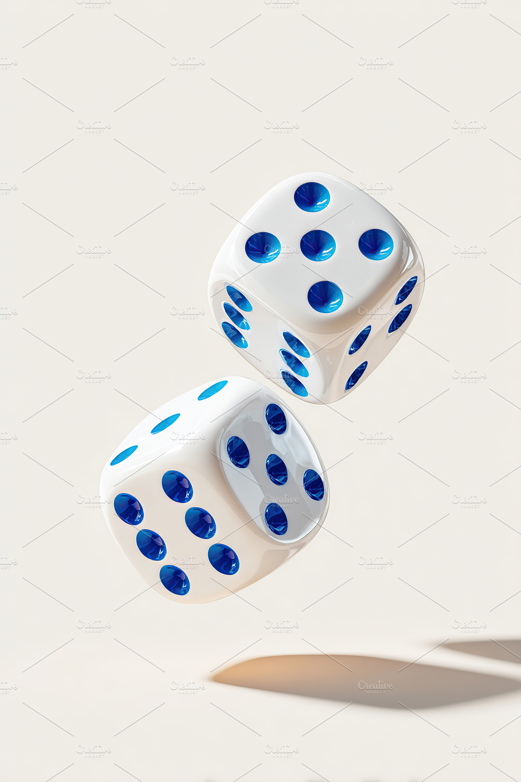 White dice with blue dots float mid-air, captured in a minimalistic setting wit, an Abstract Photo by AlyaAnd