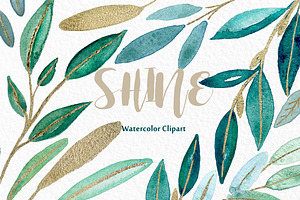 Shine Gold Leaves Watercolor Clipart