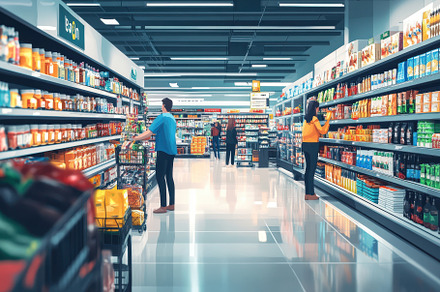Supermarket shoppers selecting groce, a Background Photo by Pixeness