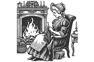 woman knitting by fireplace vector, a Person Illustration by AlexArt