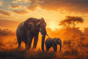 Elephant Family at Sunset: Majestic, an Animal Photo by Pixeness Studio