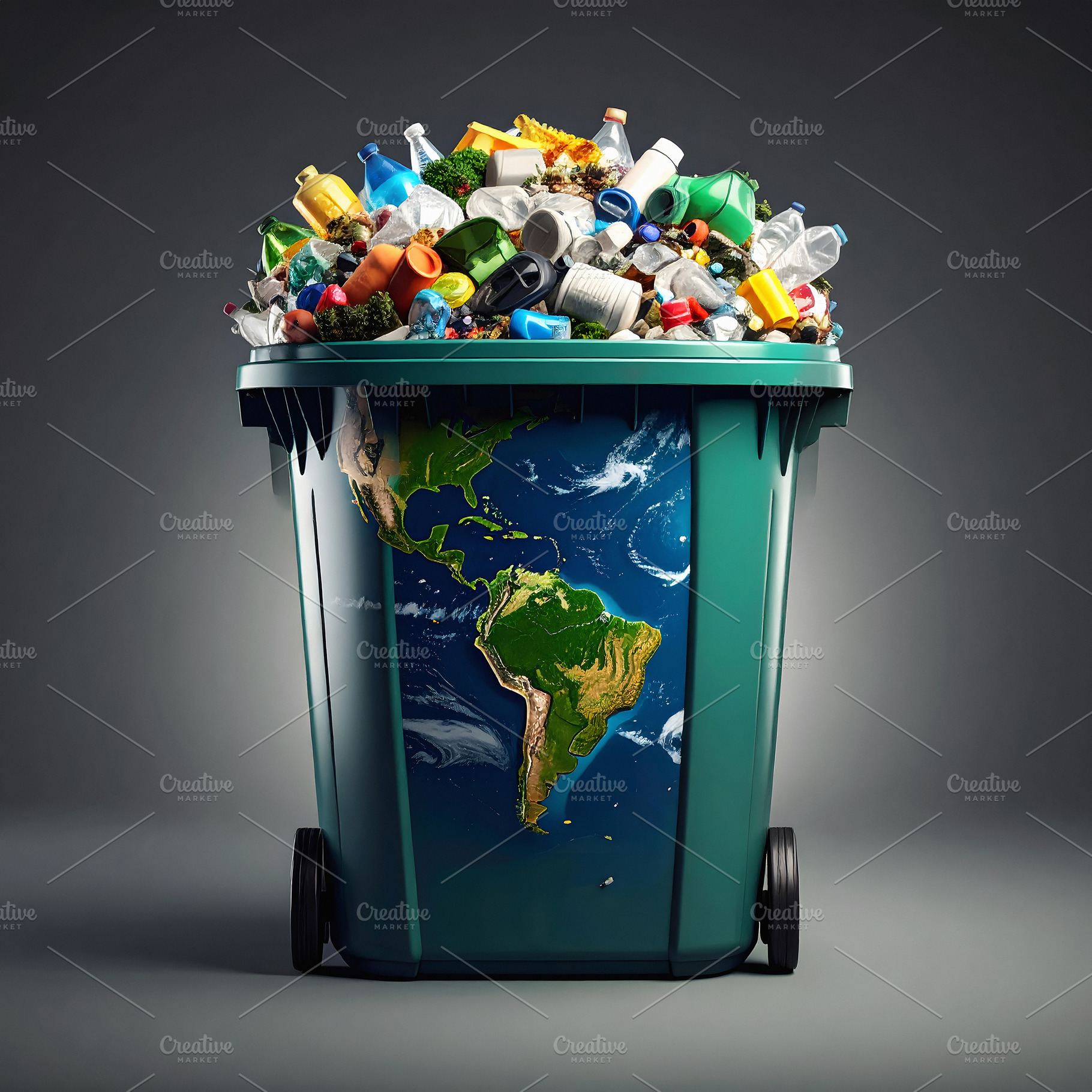 Garbage bin overflowing with plastic and Earth image, a Nature Photo by GoodGoods