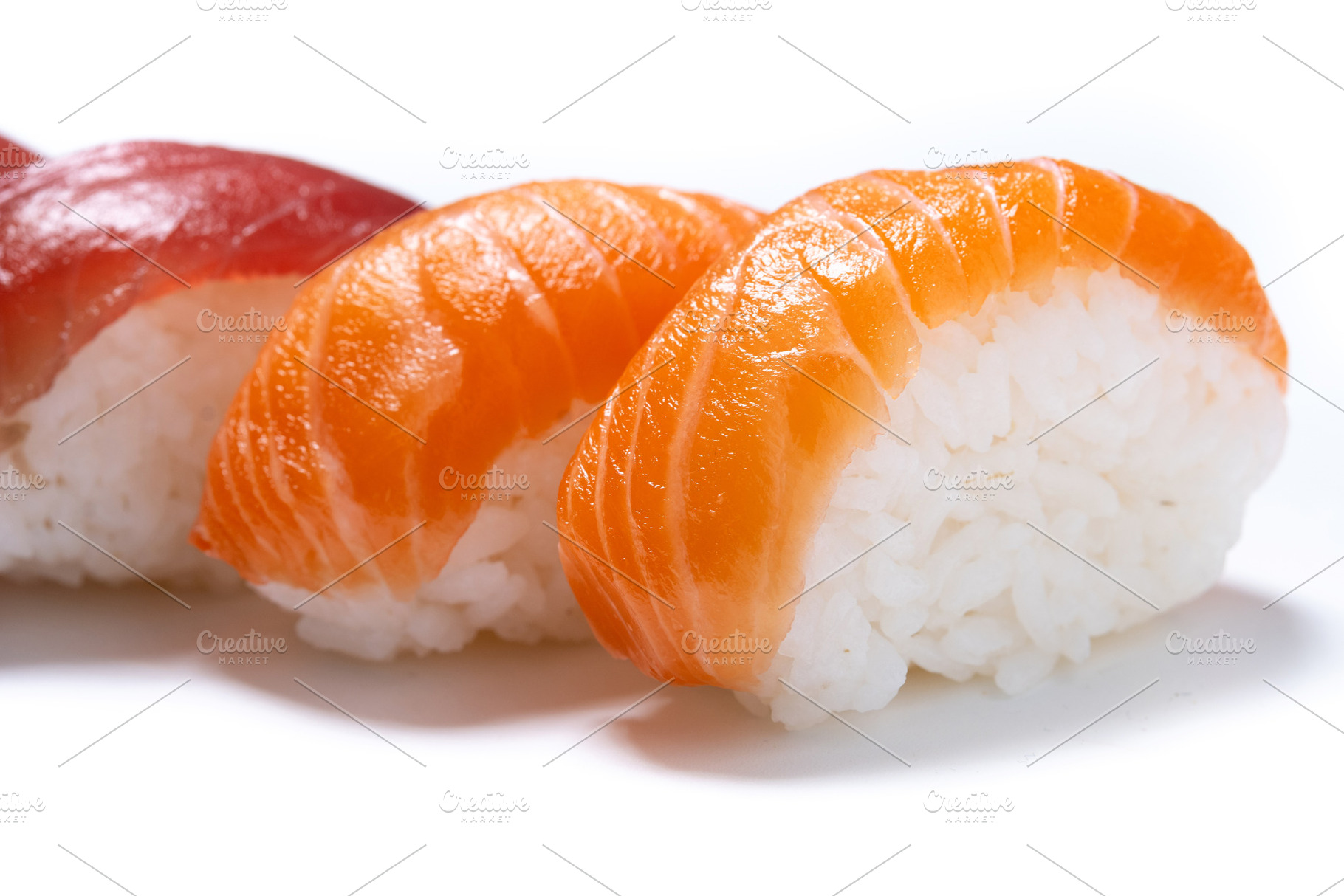 Assorted nigiri sushi with salmon, tuna and shrimp, a Food & Drink Photo by etorres69