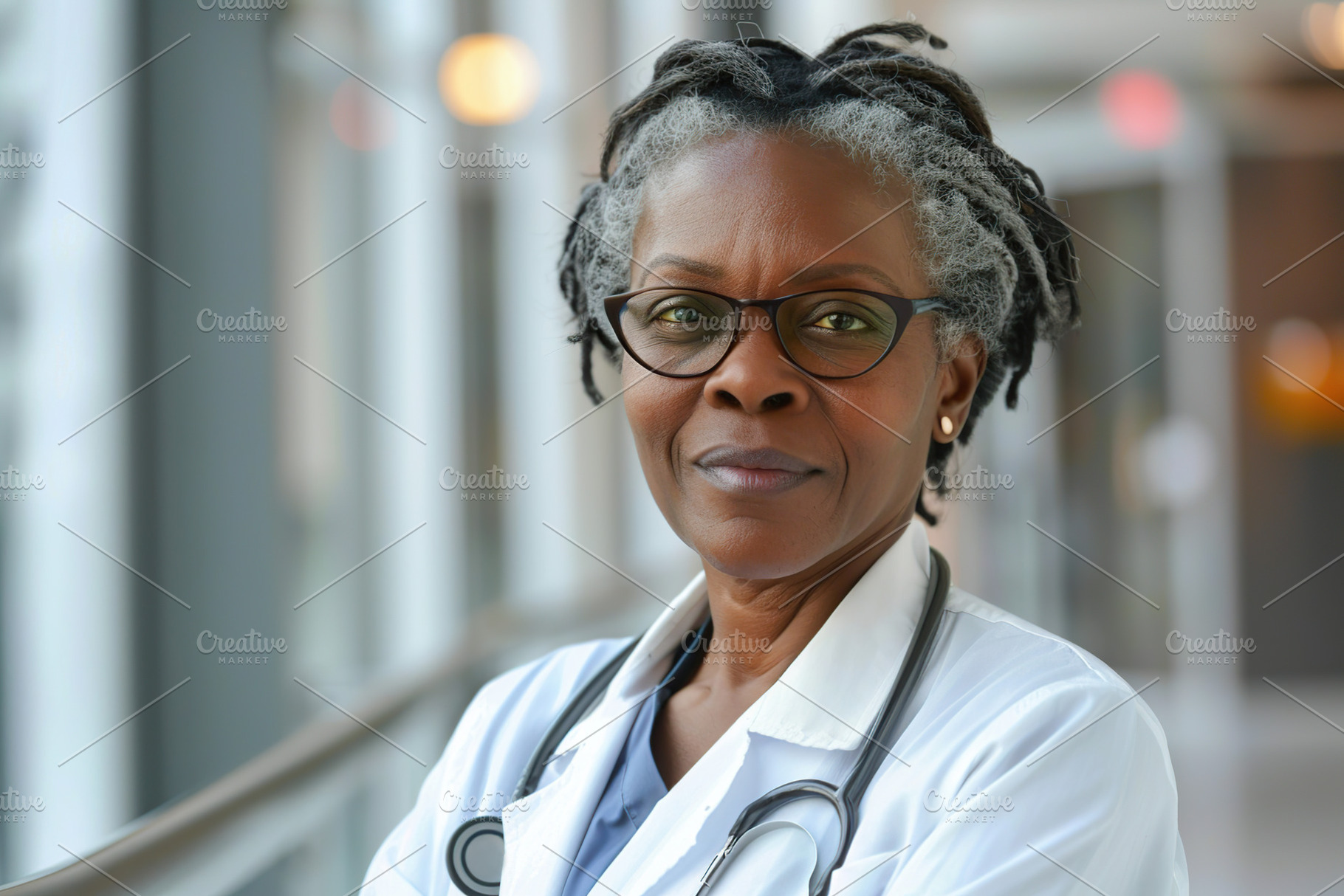 Portrait of african american mature doctor on blurred clinic bac, a Health & Medical Photo by AlyaAnd