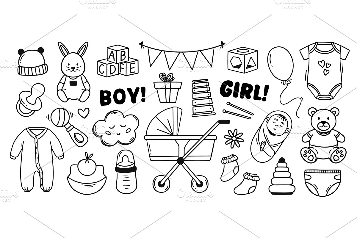 Baby accessories doodle with hand, an Illustration by winwin.art