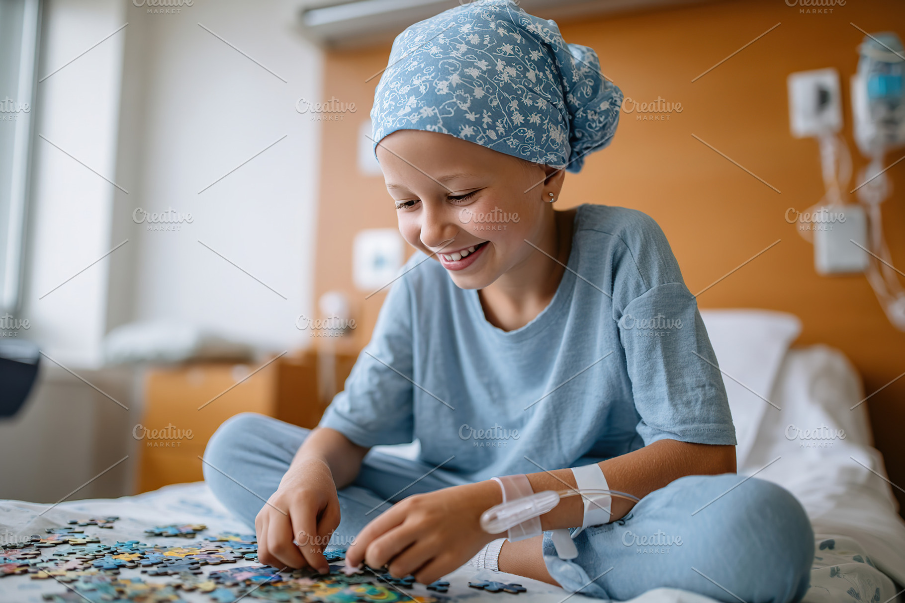 Young girl with cancer enjoying a puzzle in hospital room wearing a headscarf, a Person Photo by AlyaAnd