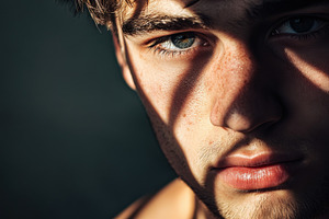 Closeup of a young man's face, a Photo by Pavel_design