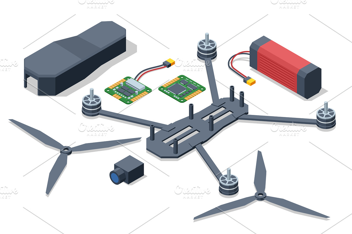 Isometric Drone parts and assembly, a Technology Illustration by Golden Sikorka