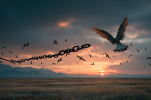 Birds breaking free from a heavy chain and flying into the sky o, a Person Photo by José Manuel Gelpi