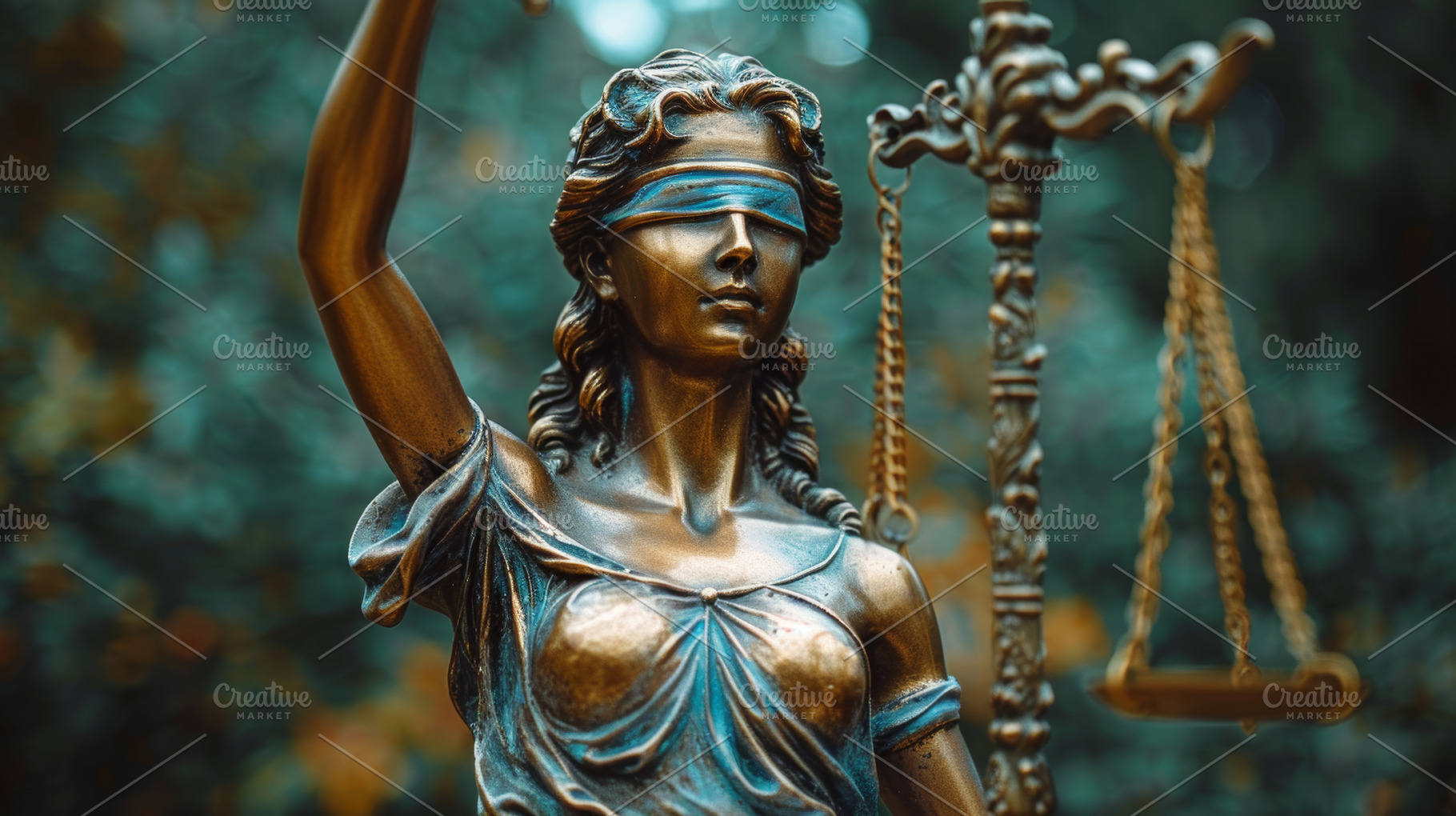Blindfolded Lady Justice statue with scales in outdoor setting, a Photo by AS photostudio